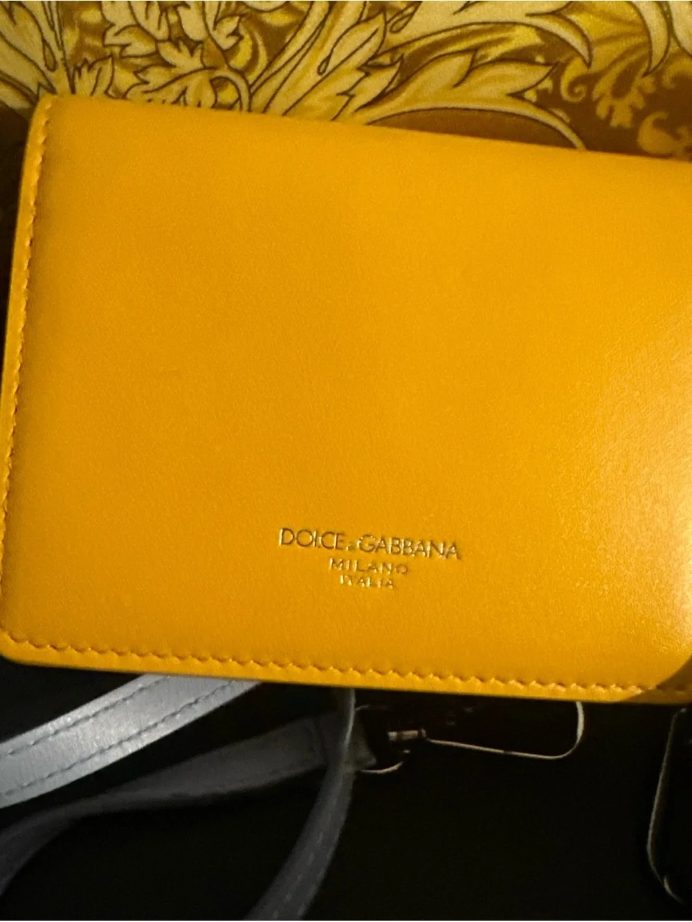 Dolce & Gabbana Mustard Men’s Leather Card HolderCrossbody w/Light Blue Strap